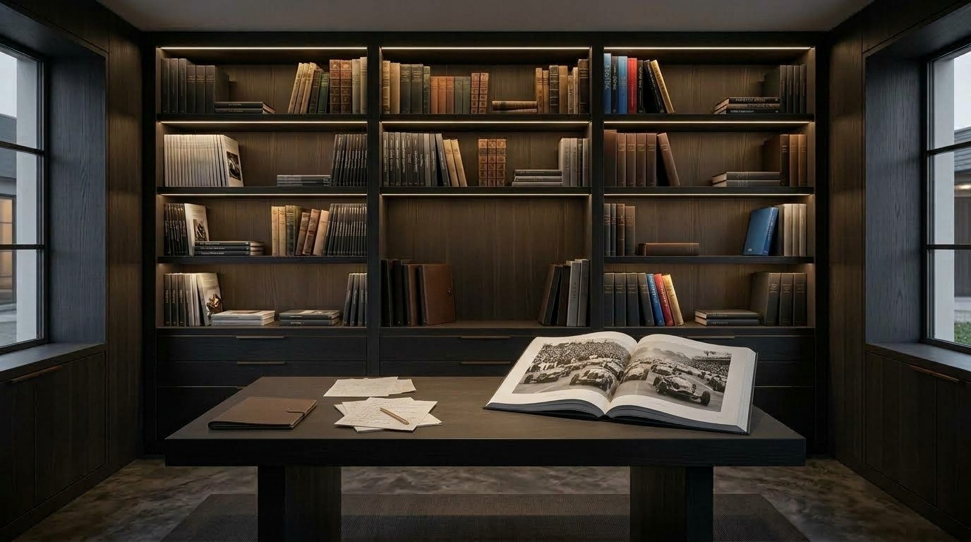 The library: shelves of motoring books and bound volumes, with a large book lying open on the table showing a black and white photograph of a racing grid